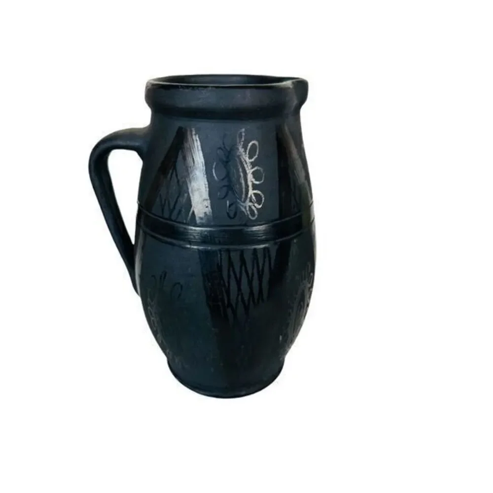 Vintage Pottery‎ Pitcher Charcoal/Black Abstract Design Artist Signed 8